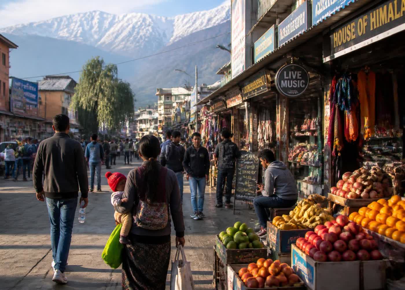 Dharamshala market street with shops, produce stalls and mountains behind
