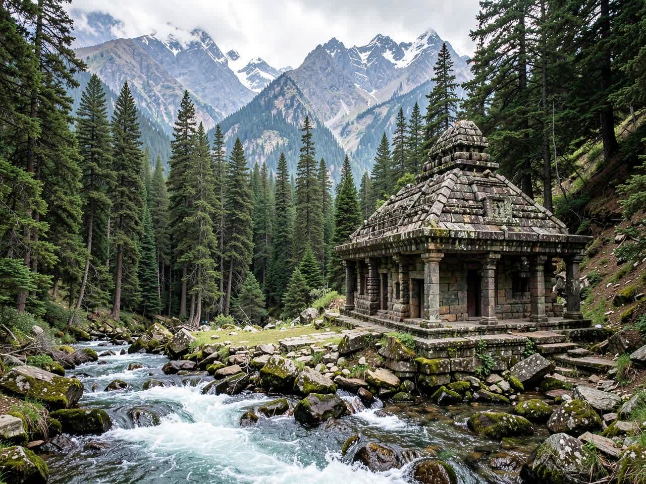 Himalayan waterfall falling into a clear pool surrounded by pine forest