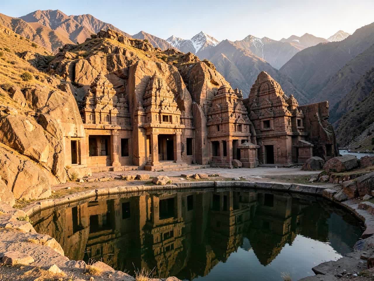 Ancient stone fort ramparts above the Kangra valley at dusk
