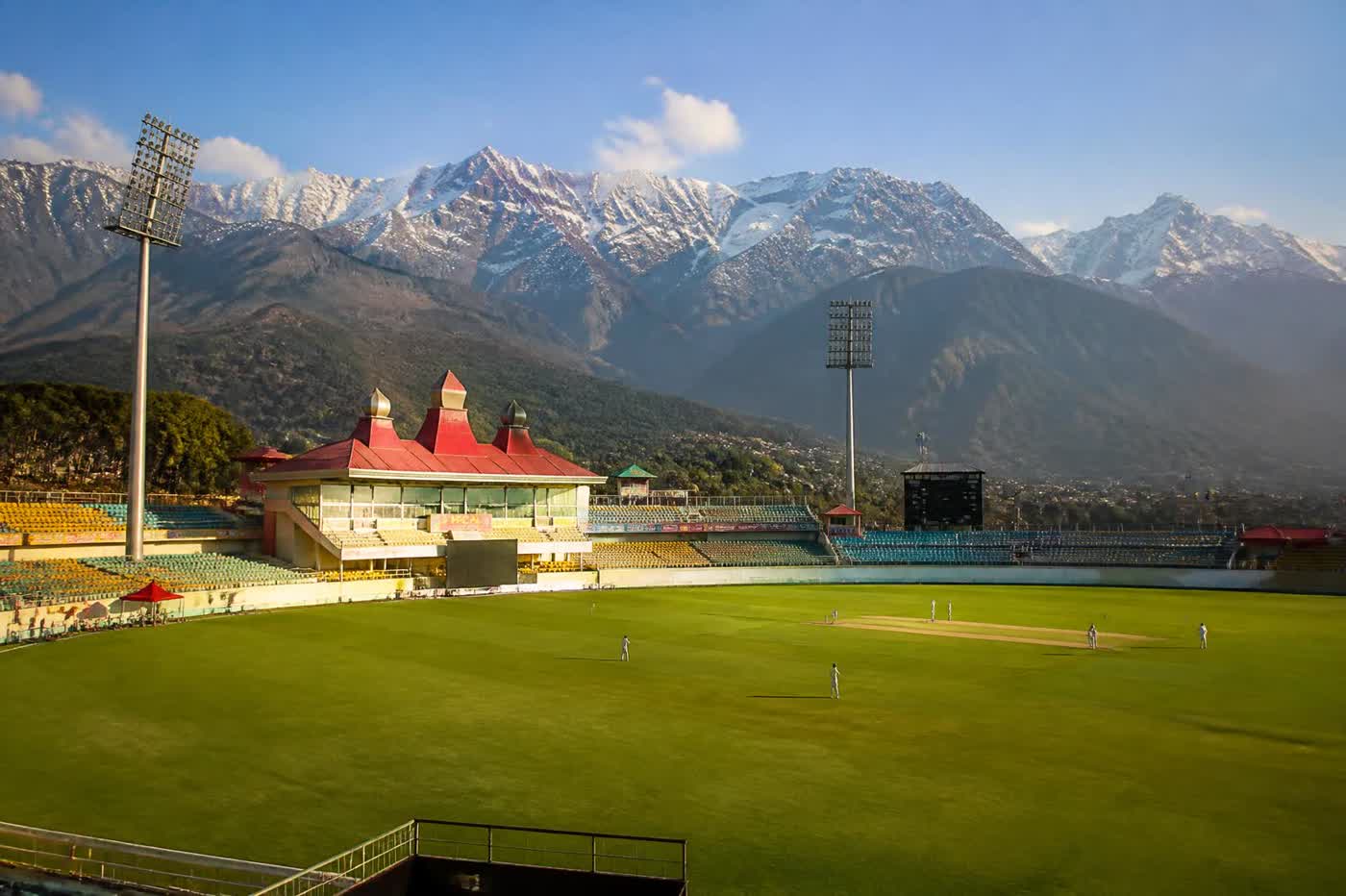 HPCA cricket stadium in Dharamshala with the Himalayan range behind